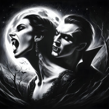 Black and White charcoal style drawing of a beautiful pale couple of classic style vampires with background of full moon, exposed fangs