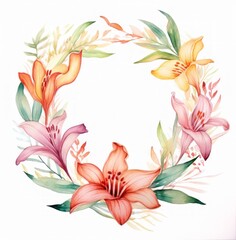Watercolor Painting of a Wreath of Flowers