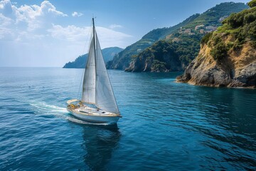 A majestic sailboat glides through the sparkling waters, its billowing sails carrying it towards distant mountains and an idyllic island oasis