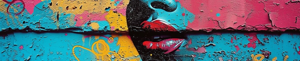 Fototapeta premium Colorful Graffiti Art on Urban Brick Wall banner background