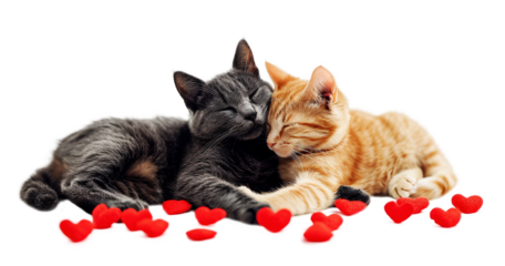 Two cats and red hearts isolated on a transparent background.