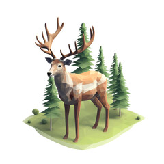 Low Poly Deer in Forest; Geometric Stag Design; Abstract Antlered Deer Art