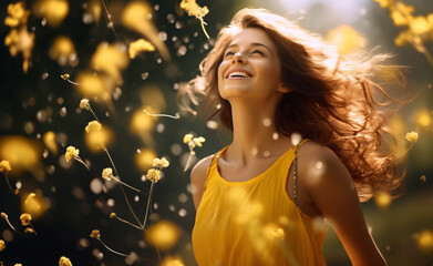 Fototapeta premium a beautiful young woman in a yellow field, in the style of luminous light effects, wavy, delicate flowers