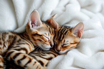Two cute Bengal kittens sleep in an embrace.