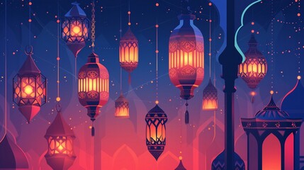 An abstract representation of traditional Ramadan lanterns, background image, generative AI