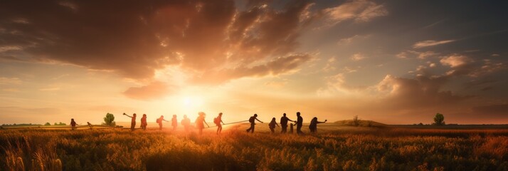 Group of People Standing in Field at Sunset