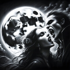 Black and White charcoal style drawing of a beautiful pale couple of classic style vampires with background of full moon, exposed fangs