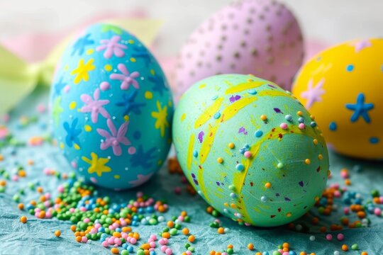 A vibrant array of handcrafted easter eggs, delicately adorned with food coloring, bring joy and creativity to the holiday season