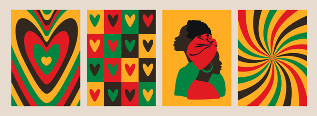Groovy poster 70s with waves of rays, geometric shapes and hearts, bright psychedelic patterns. Vector Set of abstract posters for black history month, juneteenth celebration.