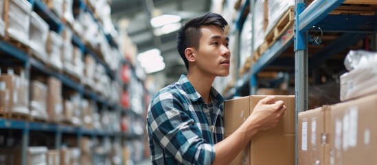 Asian man inspects boxes in warehouse for distribution and export in logistics business.