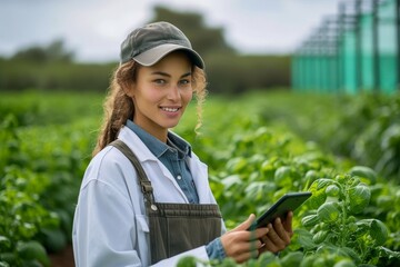 A hardworking woman tends to her cash crop in the vast, green fields, using modern technology to cultivate and harvest a bountiful yield under the open sky