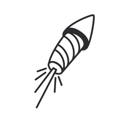 Firecracker rocket flying line icon. Thin black outline silhouette of petard with boom effects and sparks to celebrate carnival party, firecracker monochrome icon, firework element vector illustration