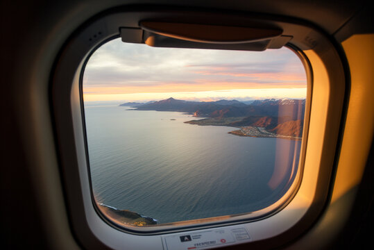Fototapeta View from an airplane window, from an airplane cabin.