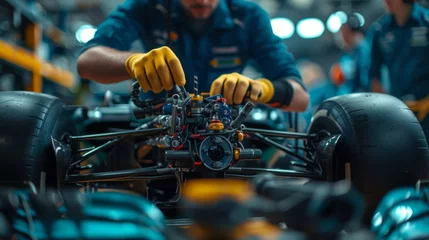 Plaid avec motif F1 Mechanics adjusting race car components, focus on hands and tools. Preparation for racing
