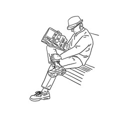 Man reading Newspaper City People Park lifestyle Hand drawn line art Illustration