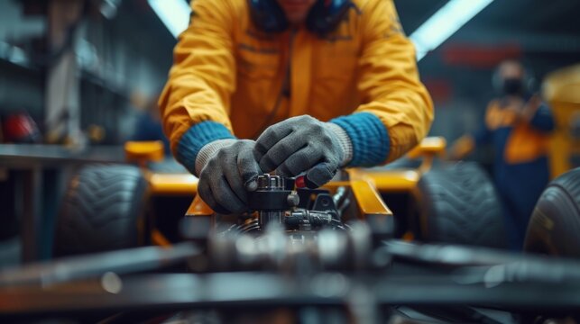 Focus on mechanics hand adjusting race car components, fixing and preparing care for upcoming races.