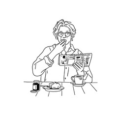 Man eating bread with hot Coffee People lifestyle Hand drawn line art Illustration