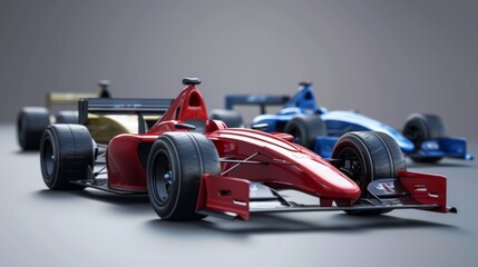 Two toy race cars against against grey background. Formula 1 exhibition examples.