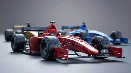  Two toy race cars against against grey background. Formula 1 exhibition examples. © master1305