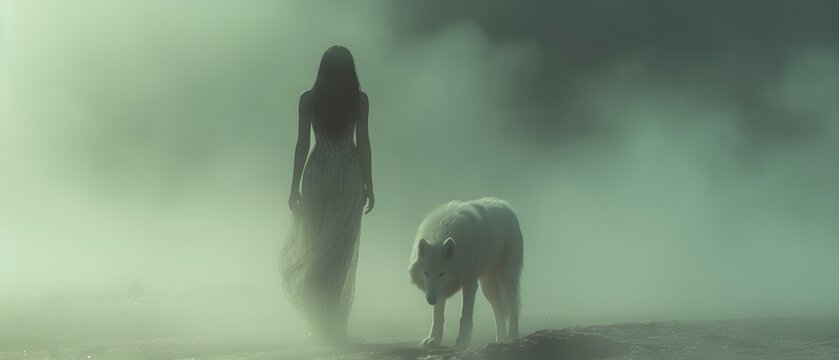A ghostly woman is walking along with a white wolf in fog, in the style of surrealism.