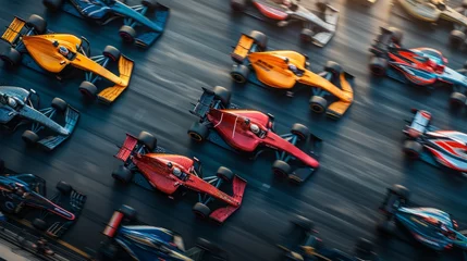 Wandaufkleber Aerial view. Formula One race cars during competition outdoors, riding roads on daytime. Colorful racing cars © master1305