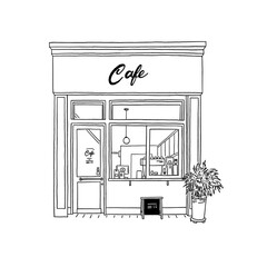 Cafe restaurant Front shop sketch Hand drawn line art Illustration 