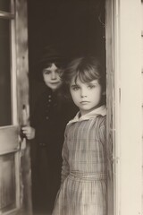 A Victorian-era creepy black and white photo of a brother and sister at the doorstep.