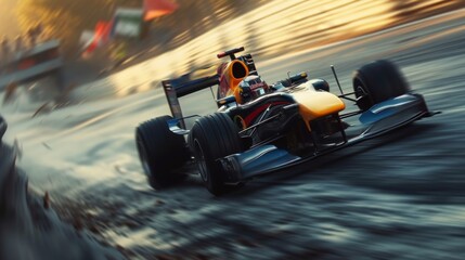 Fast riding racing car during competition round. Blurred background. Formula 1 racing