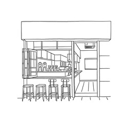 Cafe restaurant Front shop Modern style Hand drawn line art Illustration