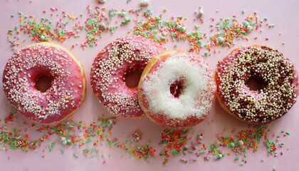 Tasty donuts with sprinkles on pink. Homemade sweets. Flat lay, top view.
