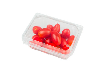 Fresh organic Cherry tomatoes in plastic box container isolated on transparent background, png file