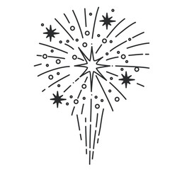 Fireworks rocket explosion with boom effect line icon. Thin black outline silhouette of fire and light radial rays from star, firework monochrome icon, birthday party element vector illustration