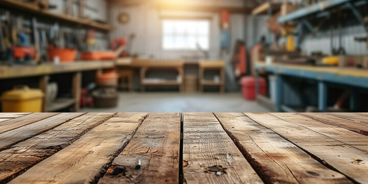 Worn old empty wooden table on blurred workshop background with tools