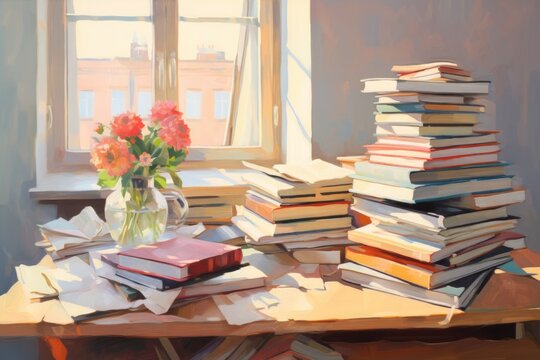 A Painting of a Vase of Flowers and Books on a Table