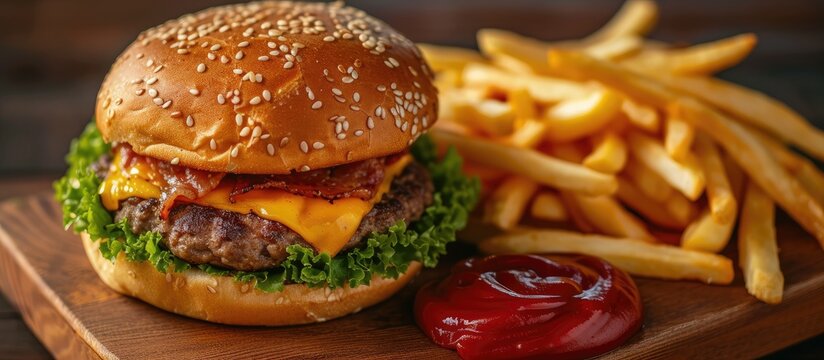 Homemade artisan cheeseburger with fries and lettuce.