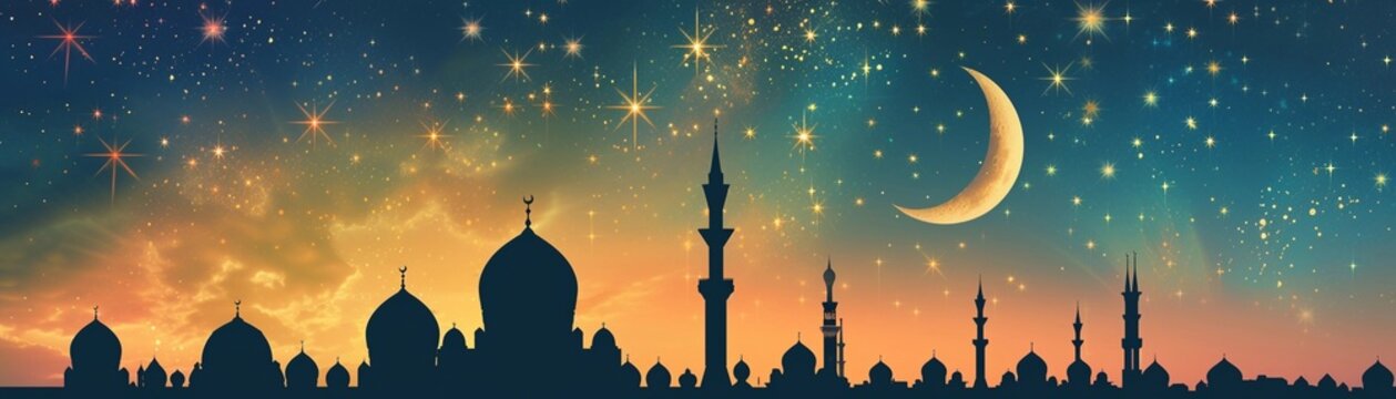 Illustration featuring a crescent moon in the night sky above a mosque, background image, generative AI