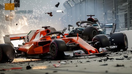 A dramatic scene of formula car crashing with debris flying during competition event. Dangerous sport - obrazy, fototapety, plakaty