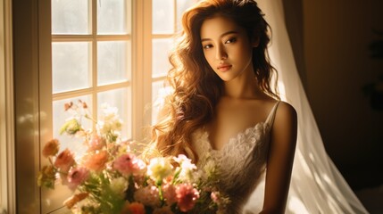 asian female, bridal studio photography with flower bouquet, ai