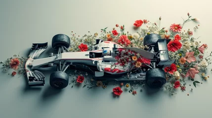 Foto op Plexiglas Racing car around array of vibrant wildflowers. Promotional banner for upcoming Formula 1 racing event © master1305