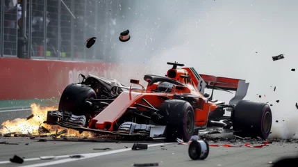 Stoff pro Meter A dramatic scene of formula car crashing with debris flying during competition event. Dangerous sport © master1305