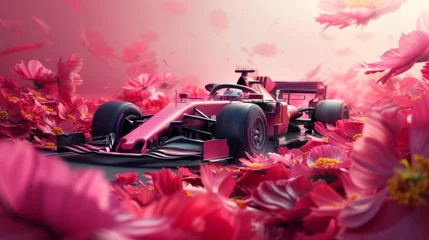 Poster Racing car around blooming vibrant lowers against pink background. Promotional banner for upcoming Formula 1 racing event © master1305