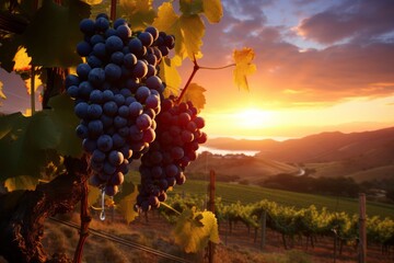 A Bunch of Grapes Hanging From a Vine at Sunset