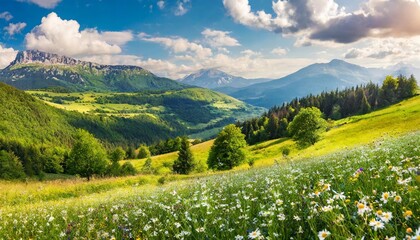 idyllic mountain landscape with fresh green meadows and blooming wildflowers idyllic nature...