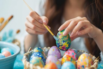 A skilled woman carefully adds vibrant colors to a delicate easter egg, bringing joy and artistry...