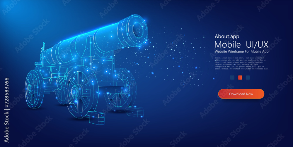 Poster a captivating digital art piece featuring a cannon depicted in a modern polygonal wireframe design, 