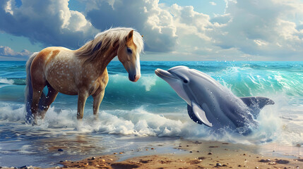 Meeting a horse and a dolphin on the ocean