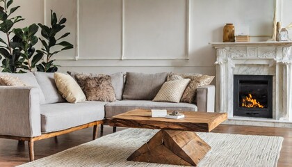 wood slab coffee table sofa with beige pillows near fireplace against white wall with copy space scandinavian home interior design of modern living room