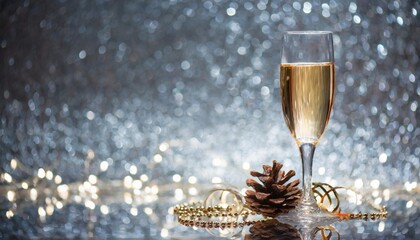 a glass of champagne on a silver background with highlights for christmas and new year with...