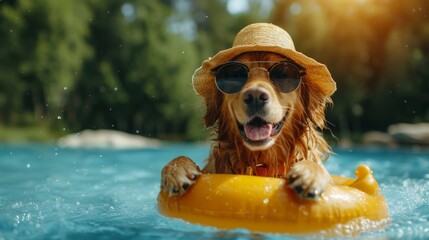 A long-haired dog cat wearing sunglasses and hat is smiling. Perched on a yellow duck-shaped rubber ring. Floating in a pond. - obrazy, fototapety, plakaty