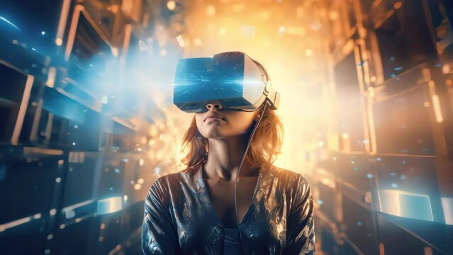 Woman using vr glasses and technology future background. Generative ai.	

